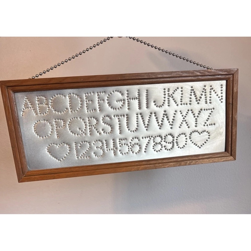 14.5"x6" Farmhouse Rustic Punched Tin Alphabet Wood Frame Board Folk Art Wall